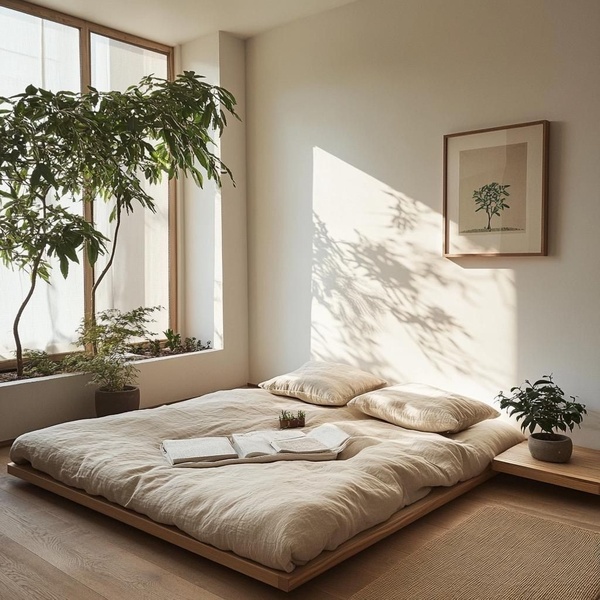 floor bed, low profile bed, platform bed, linen bedding, minimalist bedroom furniture, brand awareness, minimalist, lifestyle, calm, fresh, neutral